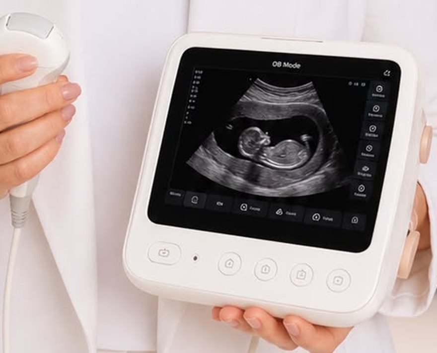Aparelho de ultrassonografia mostrando a imagem de um bebê, com o transdutor na mão da médica
